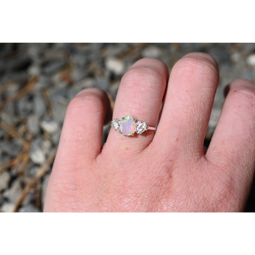 Natural opal and Herkimer Diamond Ring, Raw Stone Ring, Unique Engagement Ring